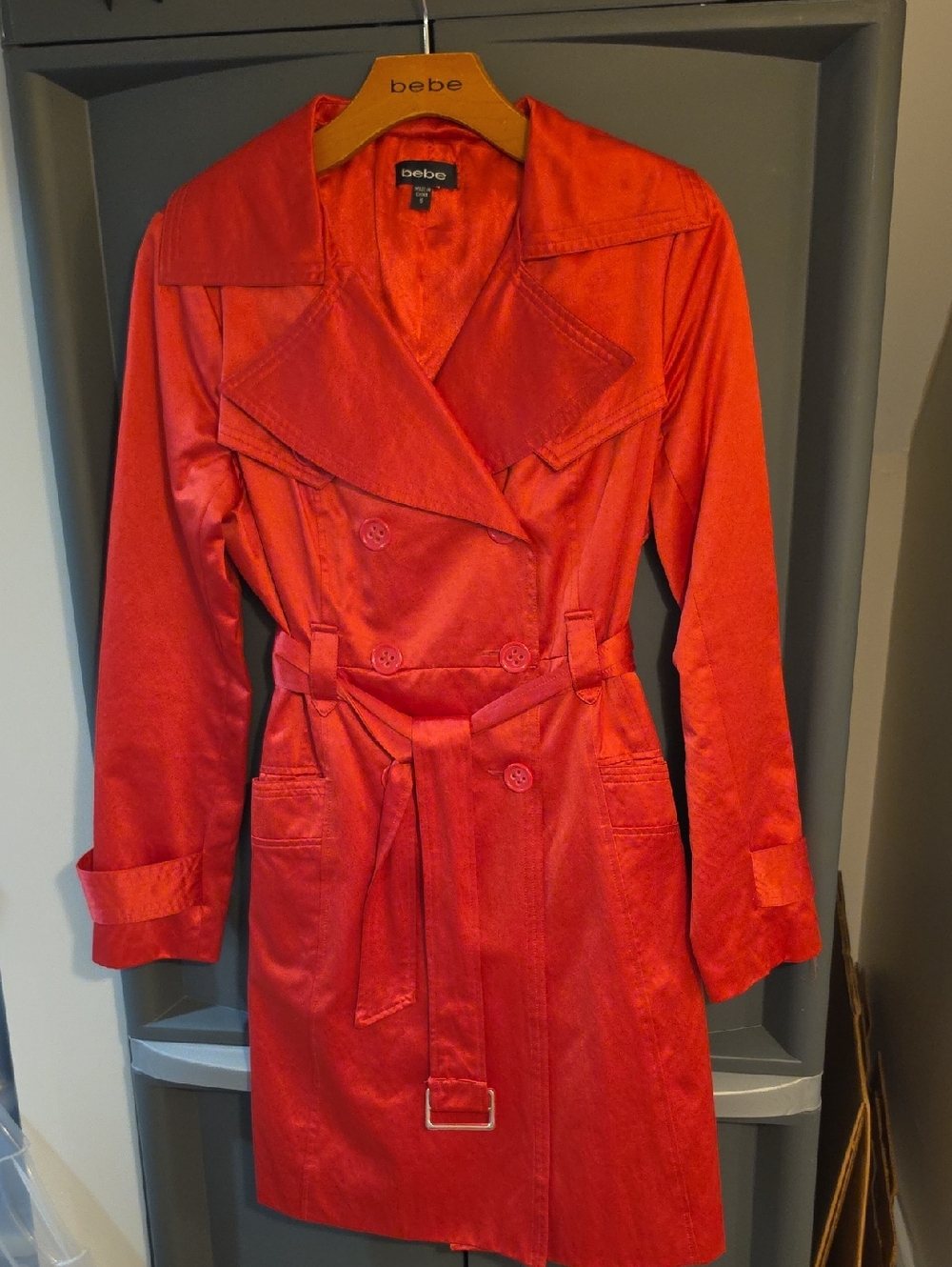 bebe Bold Red/Pink Double-Breasted Trench with Waist Tie